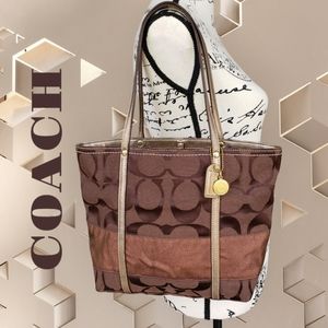 💯 COACH Signature Stripe Copper & Brown Canvas Shoulder Bag